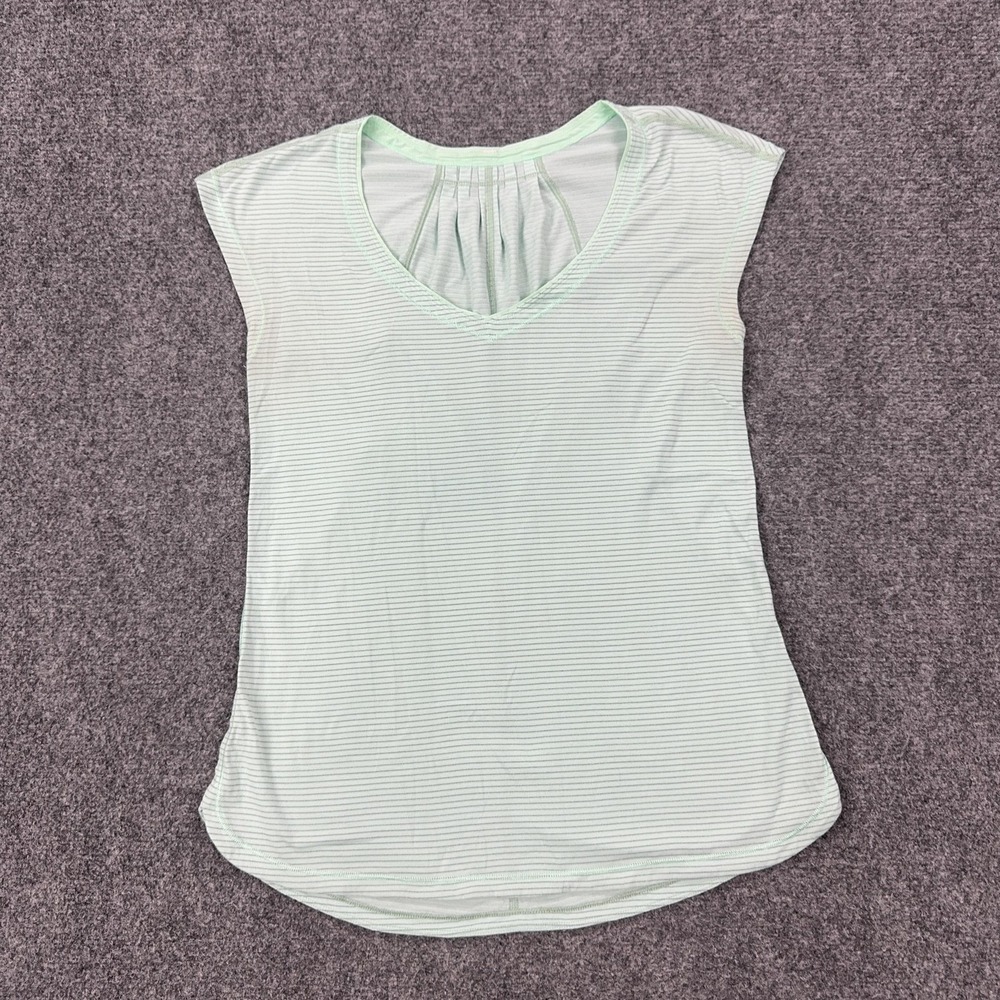 Lululemon Shirt Womens 6 Green Striped V-Neck Cap Sleeve Running Athletic Top